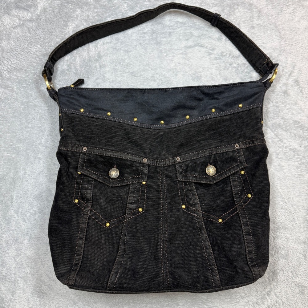 Vintage Tommy Hilfiger Shoulder Bag Womens Large Black Studded Canvas Y2K